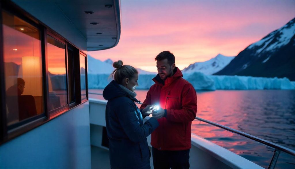 Couple testing gear during yacht charter packing guide in Alaska.
